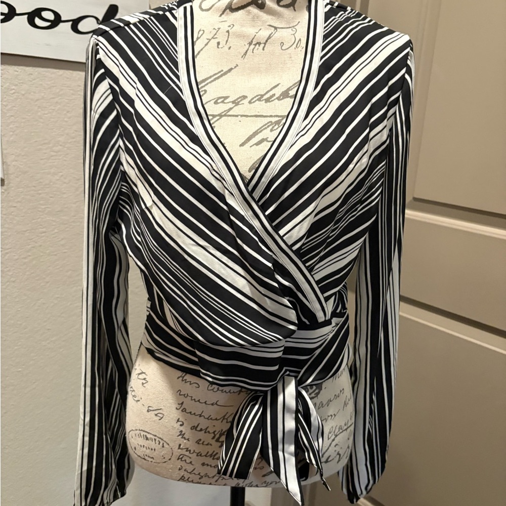 Guess Striped Black and White Wrap Top